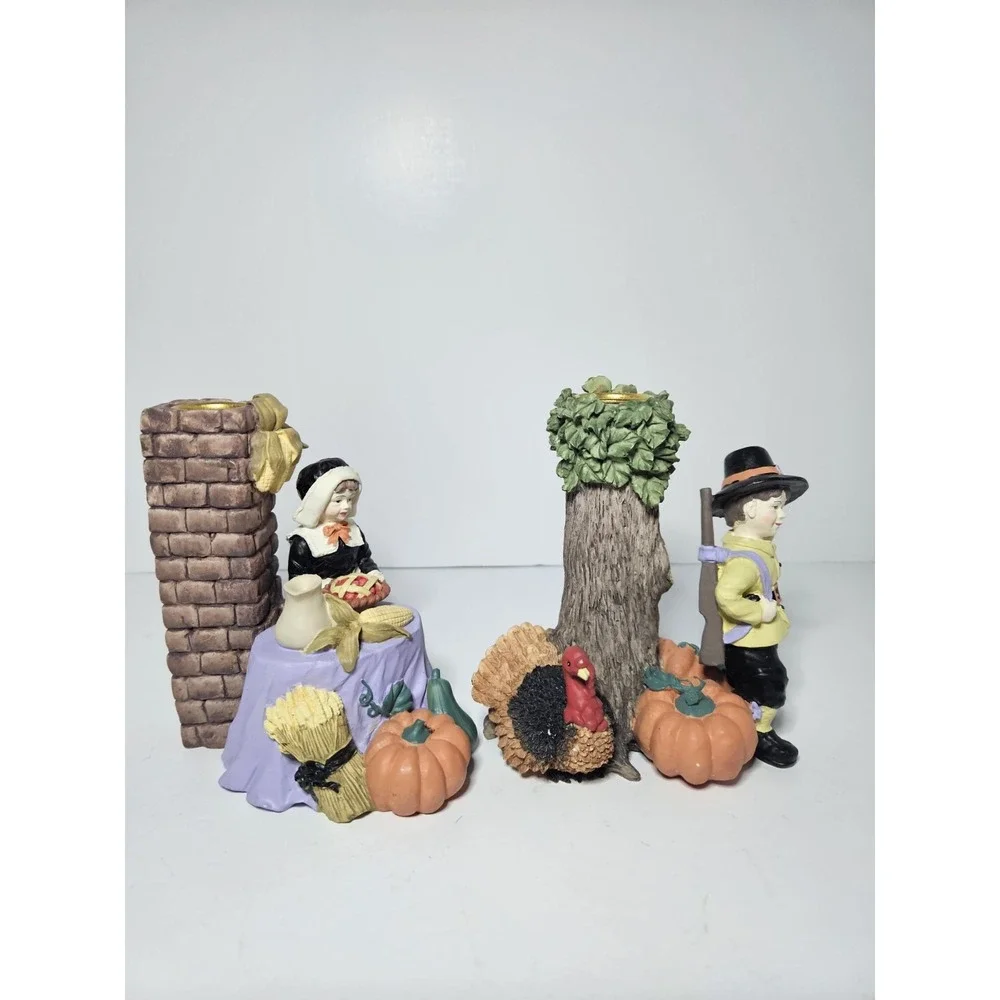 ABC Distributors Pilgrim Couple Thanksgiving Candle Holders Hand Painted Set Vtg